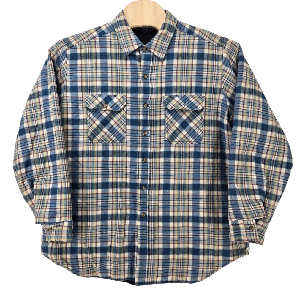 Vintage Woolrich Jacket Shirt Mens 2XL XXL Blue Plaid Insulated Button 80s 90s